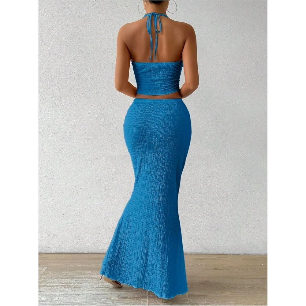 Women's Two Piece Outfit Set Polyester Slim Fit Backless Halter Skirt Summer - Picture 2 of 5